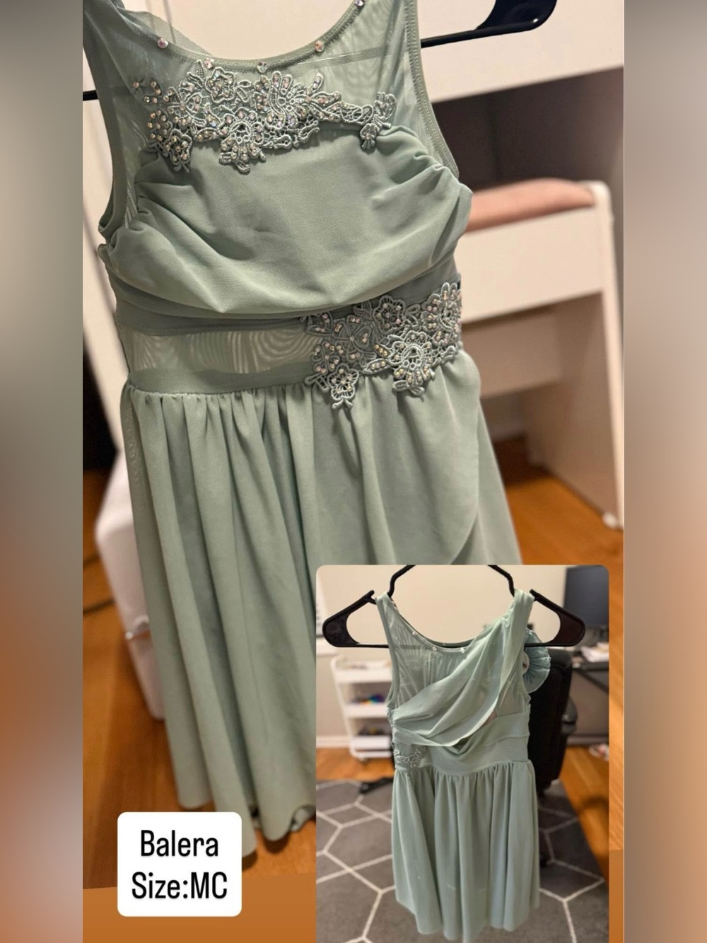 balera Sage Green Chiffon Dress with Lace Applique and Beads